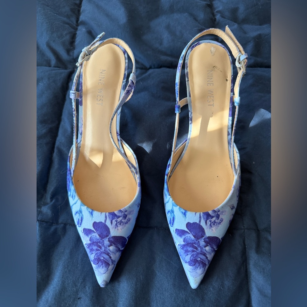 Nine West Blue Floral Pointed-Toe Slingback Heels